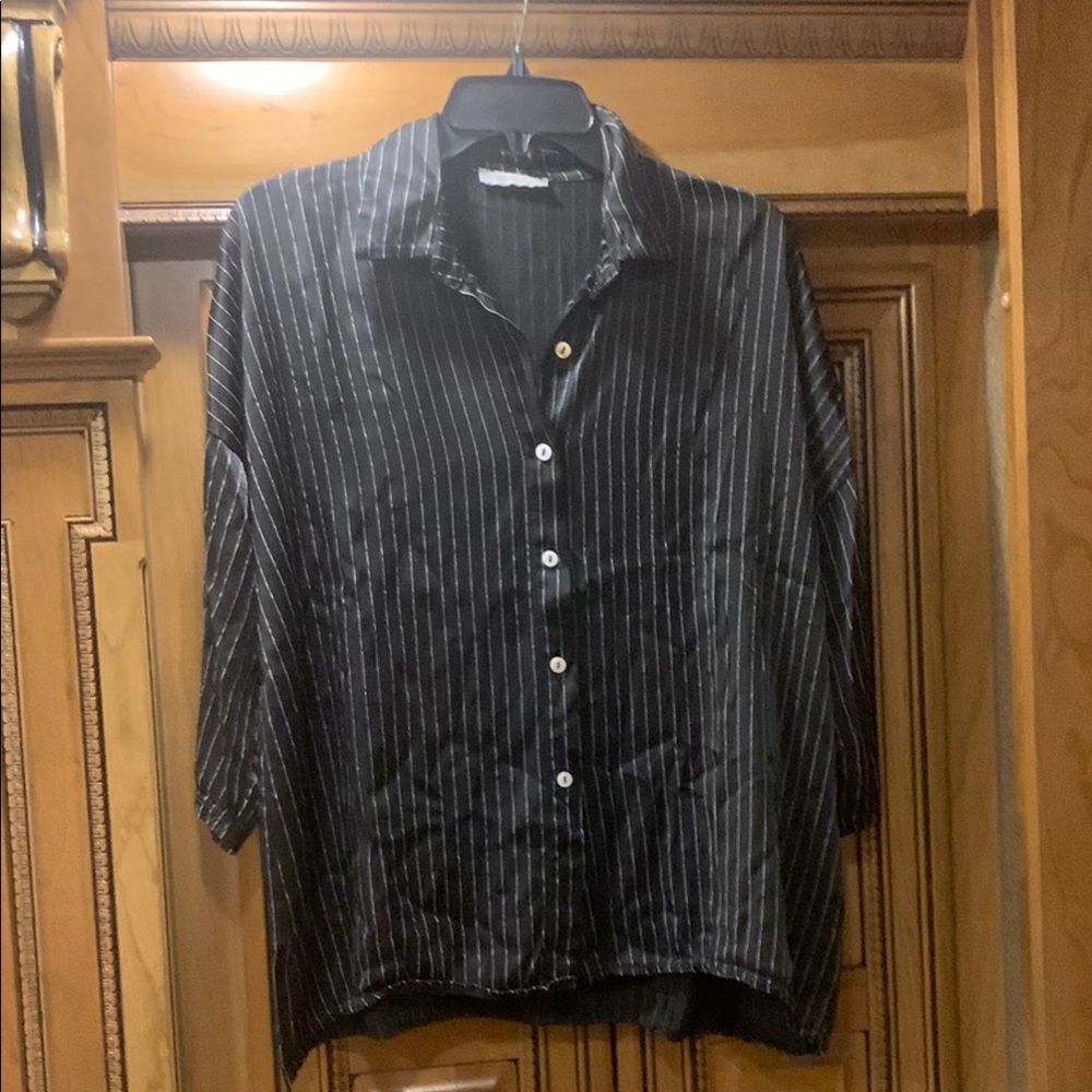 Milo-Milano Black Striped 100% Viscose Button-Up Shirt Size X- Large